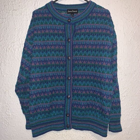 Vintage James Kenrob Grandma Cardigan Knit Sweater Spring Purple Blue Striped M - Picture 1 of 4